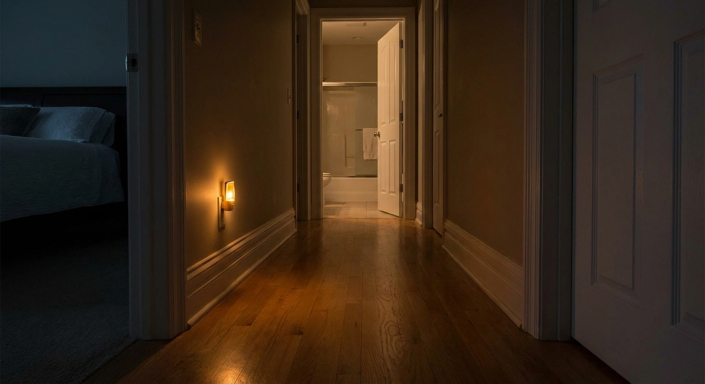 Motion-activated night light illuminating safe path to bathroom for neuropathy patient — fall prevention setup