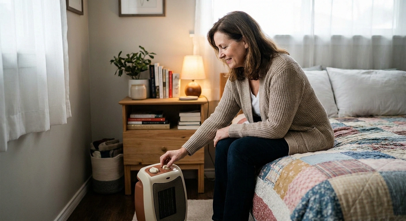 Woman adjusting bedroom temperature for neuropathy sleep comfort — managing heat or cold sensitivity at night