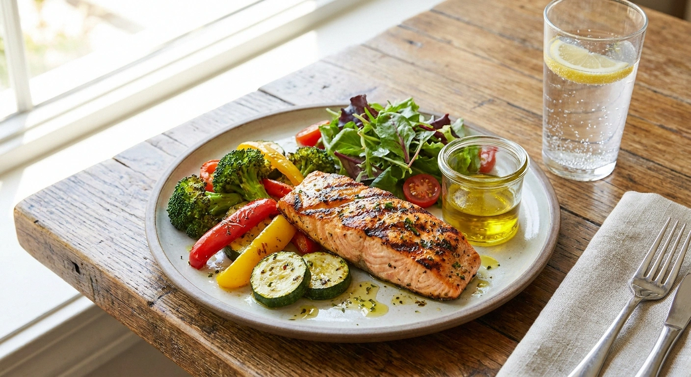 Neuropathy-friendly restaurant meal with grilled salmon roasted vegetables and sparkling water
