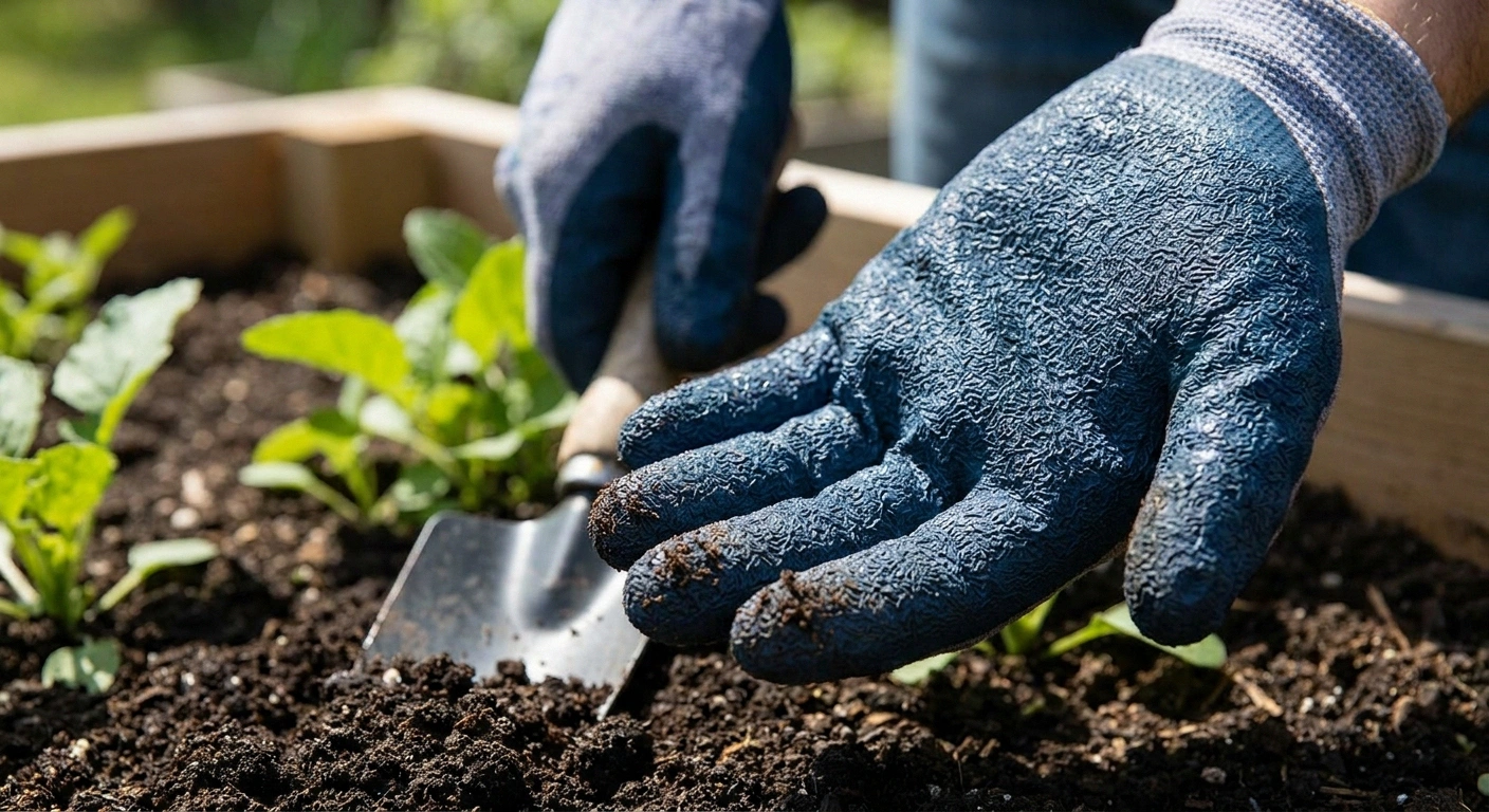 Nitrile-coated gardening gloves providing grip for neuropathic hands without removing tactile feedback