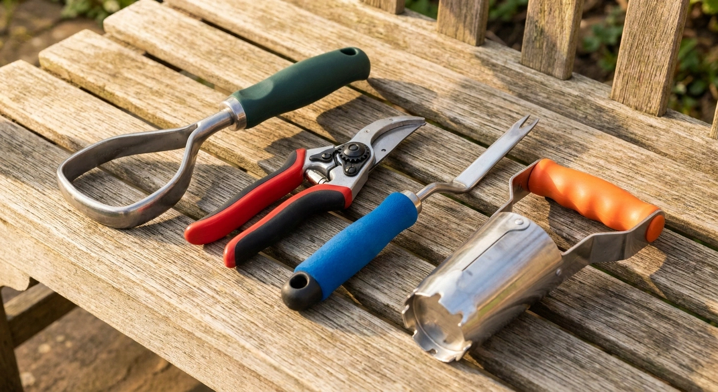 Selection of ergonomic adaptive garden tools including loop-handle trowel and ratchet pruners designed for weak or numb hands