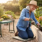 Woman gardening with adaptive ergonomic tools and kneeler bench — neuropathy does not have to end your love of gardening