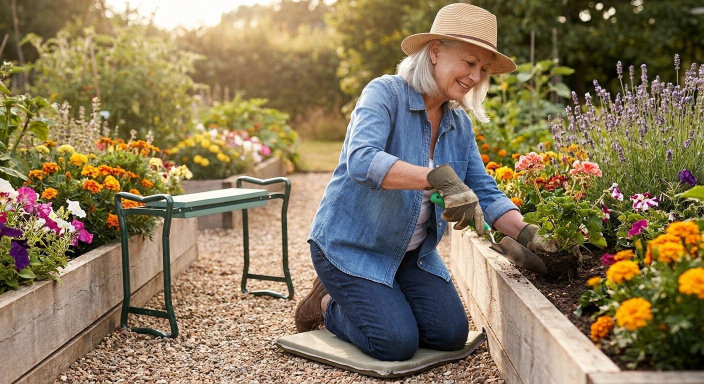 Woman gardening with adaptive ergonomic tools and kneeler bench — neuropathy does not have to end your love of gardening