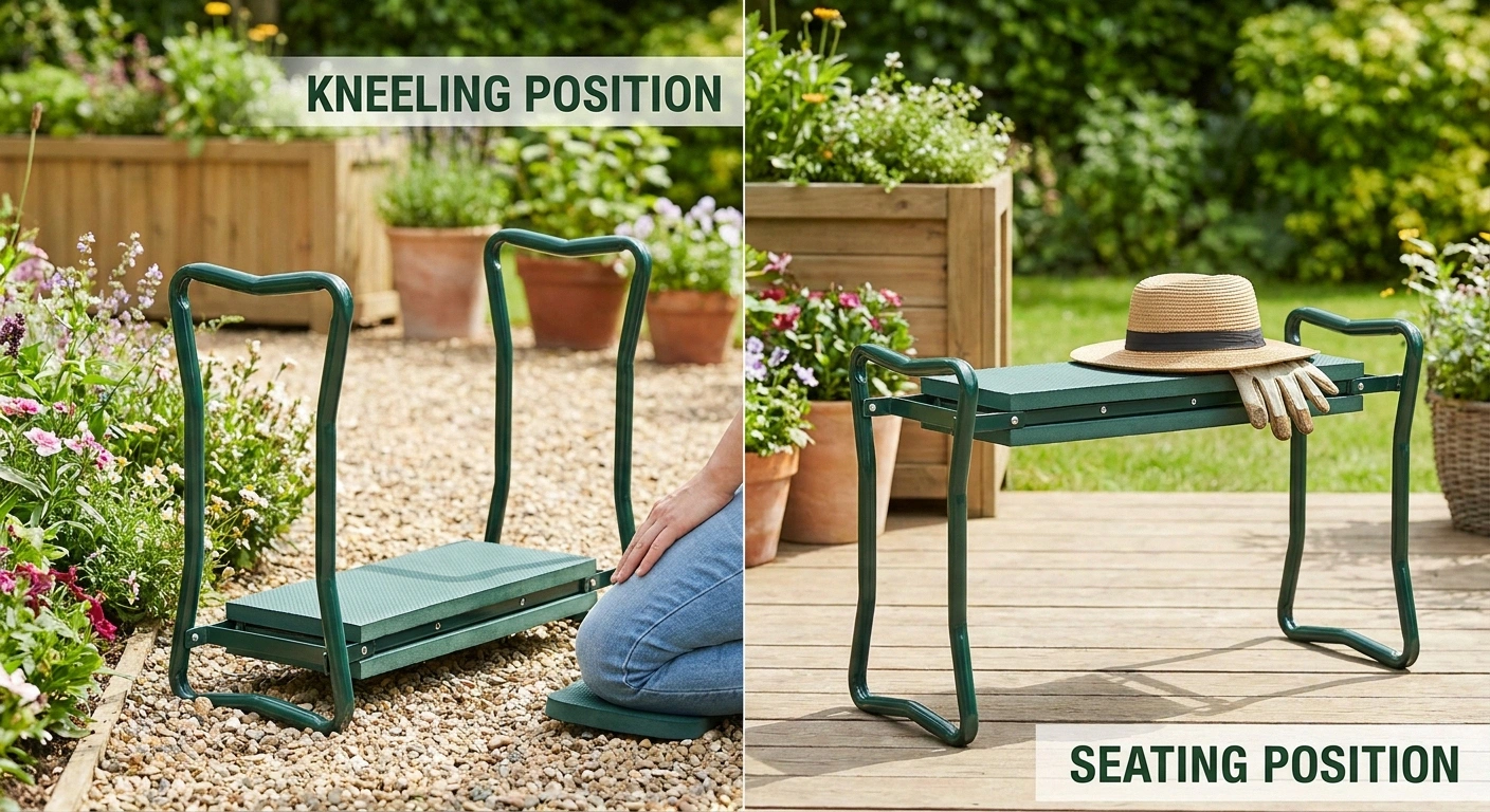 Garden kneeler bench shown in kneeling and seated configurations — dual-use support essential for safe gardening with neuropathy