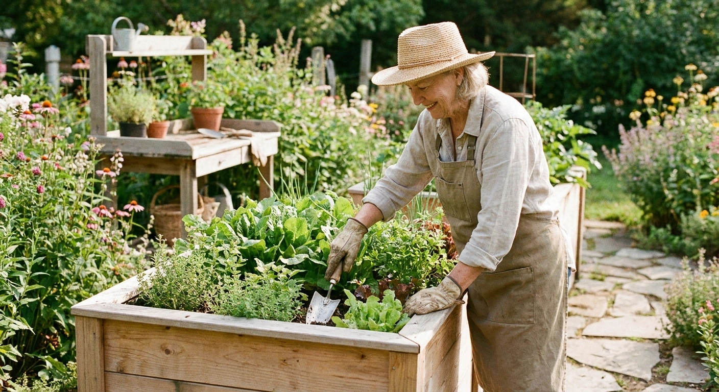 Waist-height raised garden bed allowing woman to garden without bending — ideal adaptation for neuropathy balance and pain management