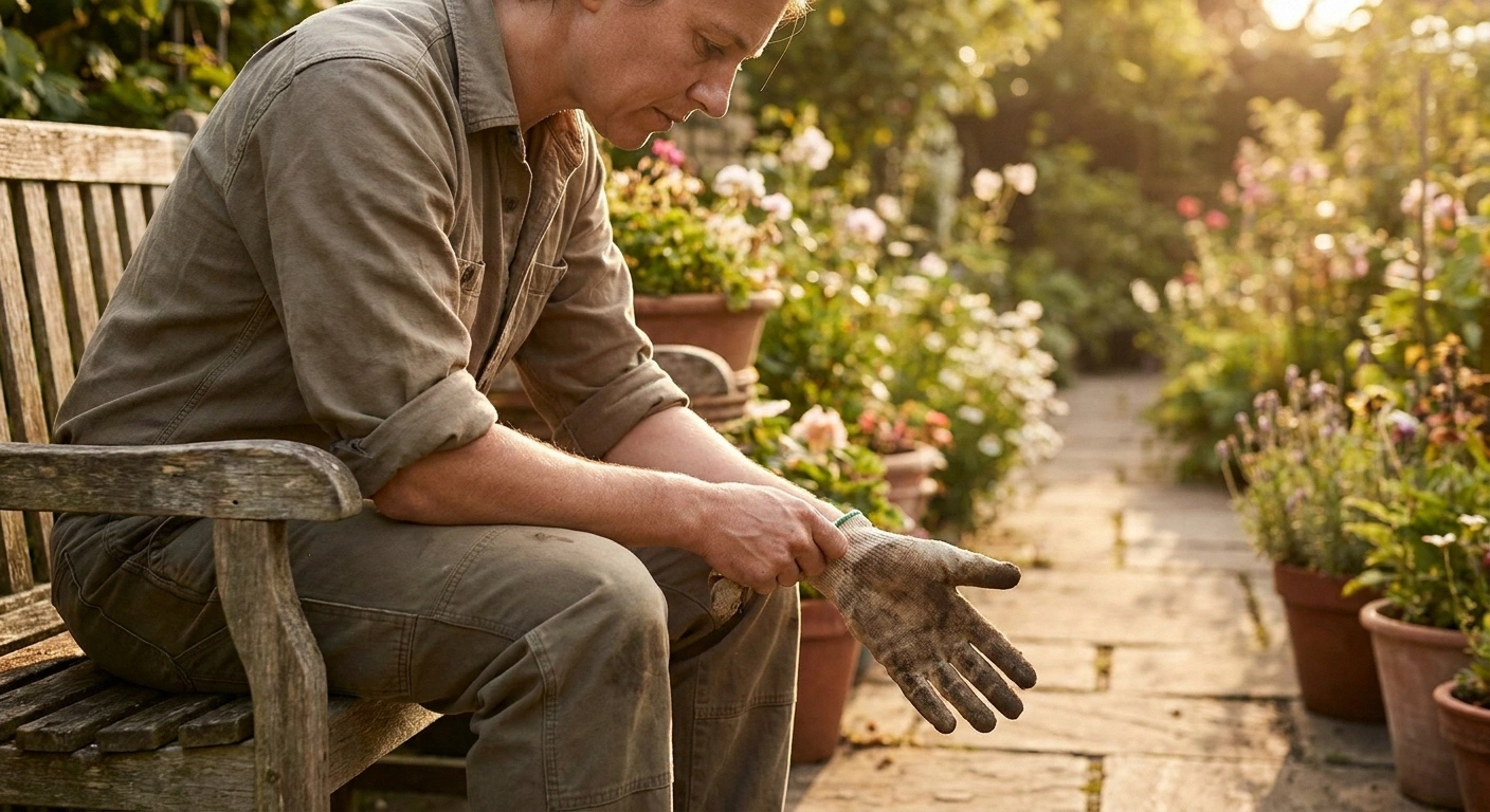 Gardener removing gloves and inspecting hands after gardening — visual inspection is important when neuropathy reduces sensation in hands