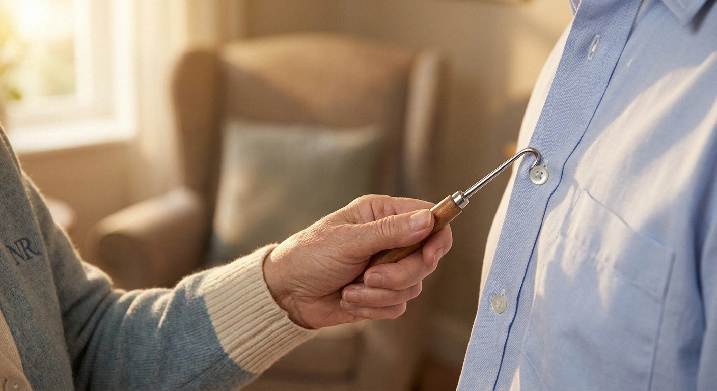 A button hook tool in use — pulling a small dress shirt button through its buttonhole for a patient with neuropathy.