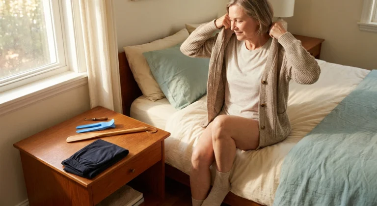 A woman in her 60s seated on the edge of her bed in soft morning light with a button hook, sock aid, and shoehorn arranged on the bedside table — the calm dressing setup for neuropathy.