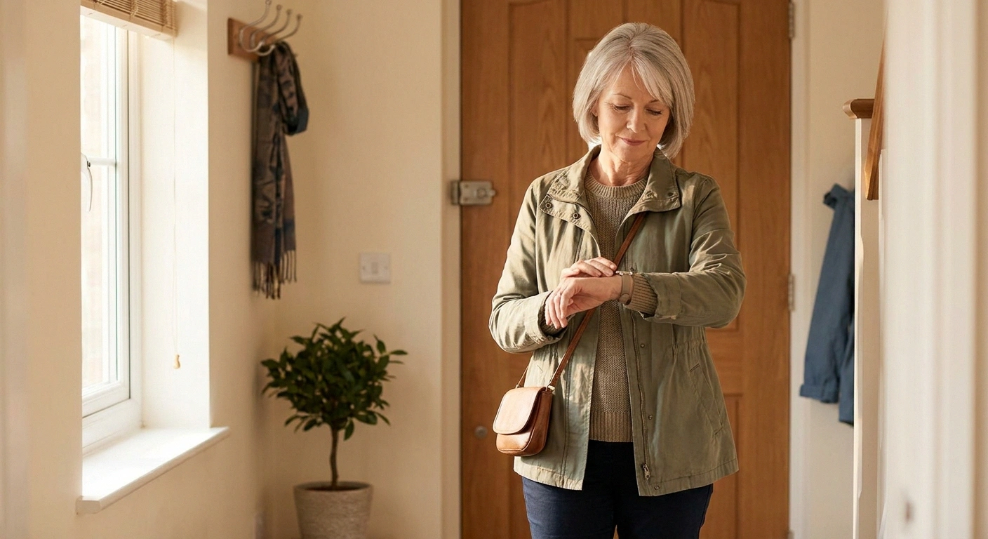 A woman in her 60s dressed and ready at the front door in soft morning light — the unhurried result of a working dressing workflow.