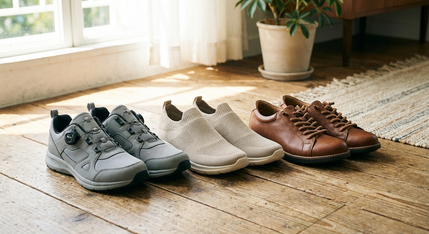 Three neuropathy-friendly shoe options lined up — a BOA dial walker, a slip-on knit sneaker, and a lace-up shoe converted with elastic laces.