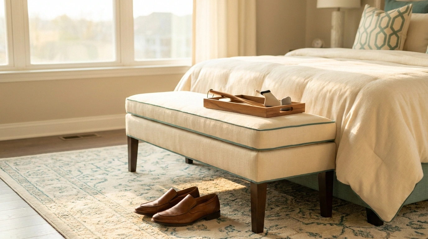 A small upholstered dressing bench at the foot of a bed with a sock aid, shoe horn, and slip-on shoes ready — the sit-down dressing setup.