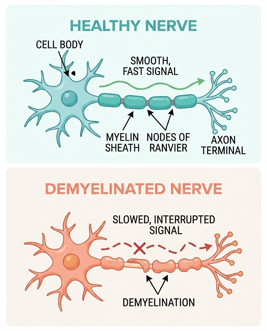 Medical illustration showing healthy versus demyelinated peripheral nerve fibers