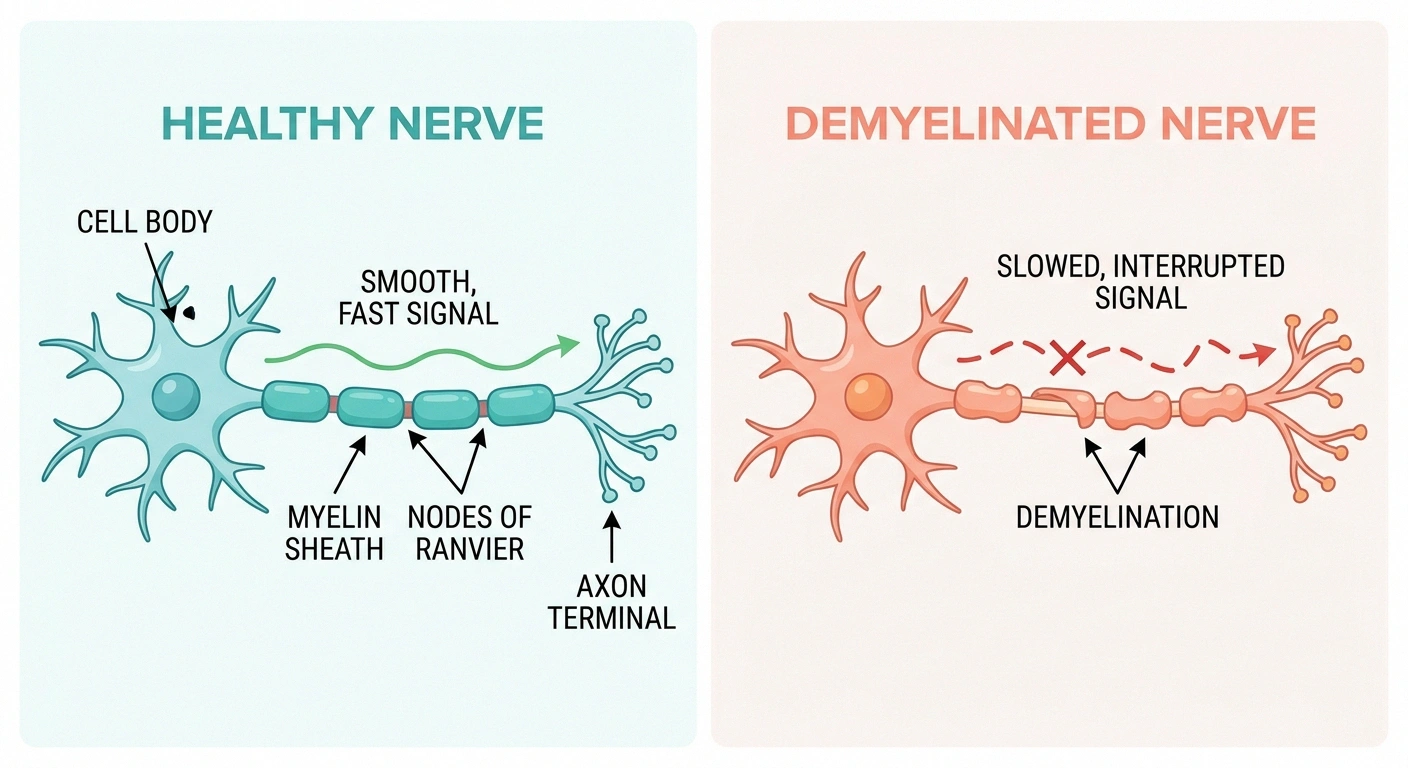 Medical illustration showing healthy versus demyelinated peripheral nerve fibers