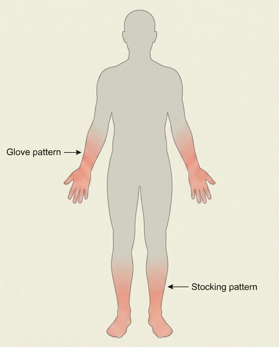 Diagram showing the classic stocking-and-glove distribution pattern of length-dependent peripheral neuropathy