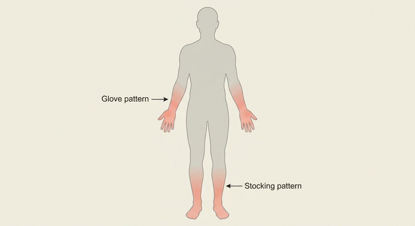Diagram showing the classic stocking-and-glove distribution pattern of length-dependent peripheral neuropathy