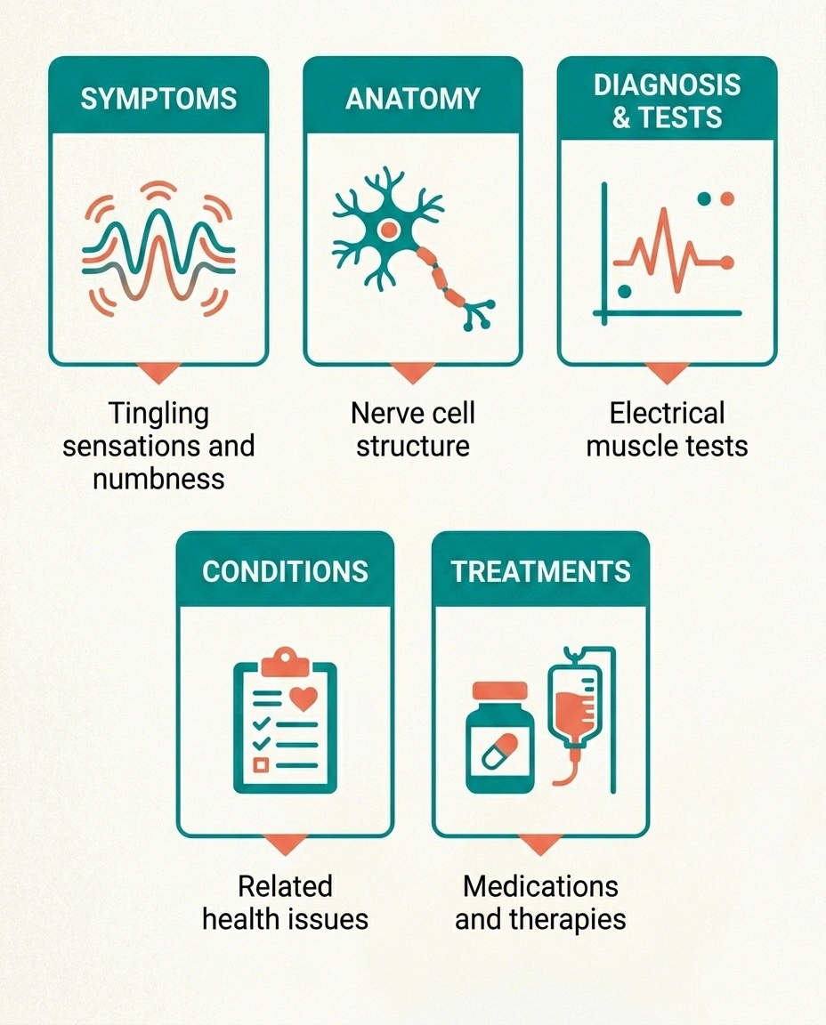 Five categories of neuropathy terms: symptoms, anatomy, tests, conditions, and treatments