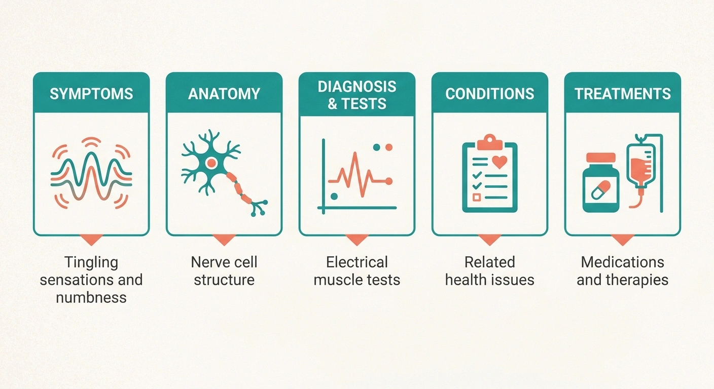Five categories of neuropathy terms: symptoms, anatomy, tests, conditions, and treatments