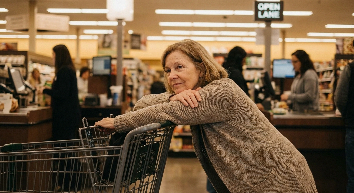 An older woman leaning on her cart handle while waiting in a grocery checkout line — weight shifted off her feet to manage neuropathy.