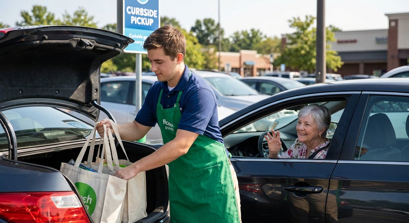 A grocery store employee loading bags into a car at curbside pickup — the sweet spot for neuropathy shoppers managing their energy.