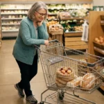 A calm older woman pushing a grocery cart through a well-lit store — managing neuropathy by pacing her shopping trip.