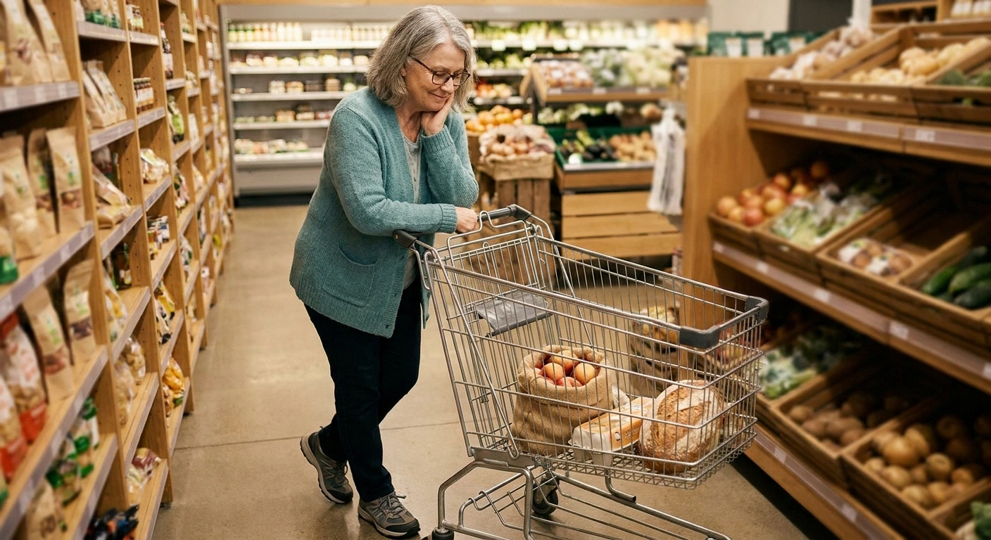 A calm older woman pushing a grocery cart through a well-lit store — managing neuropathy by pacing her shopping trip.