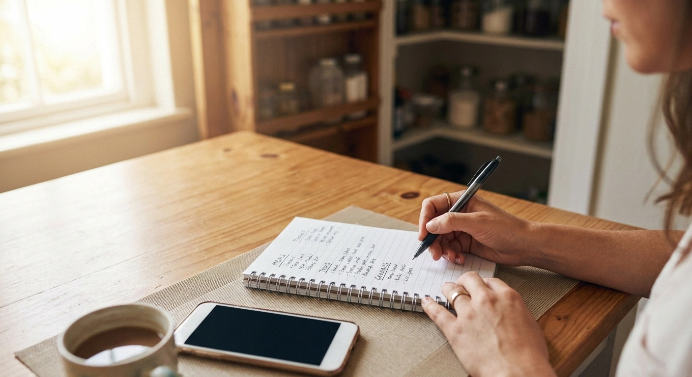 A hand writing an organized grocery list at a kitchen table — the five minutes of planning that cuts the store trip in half.