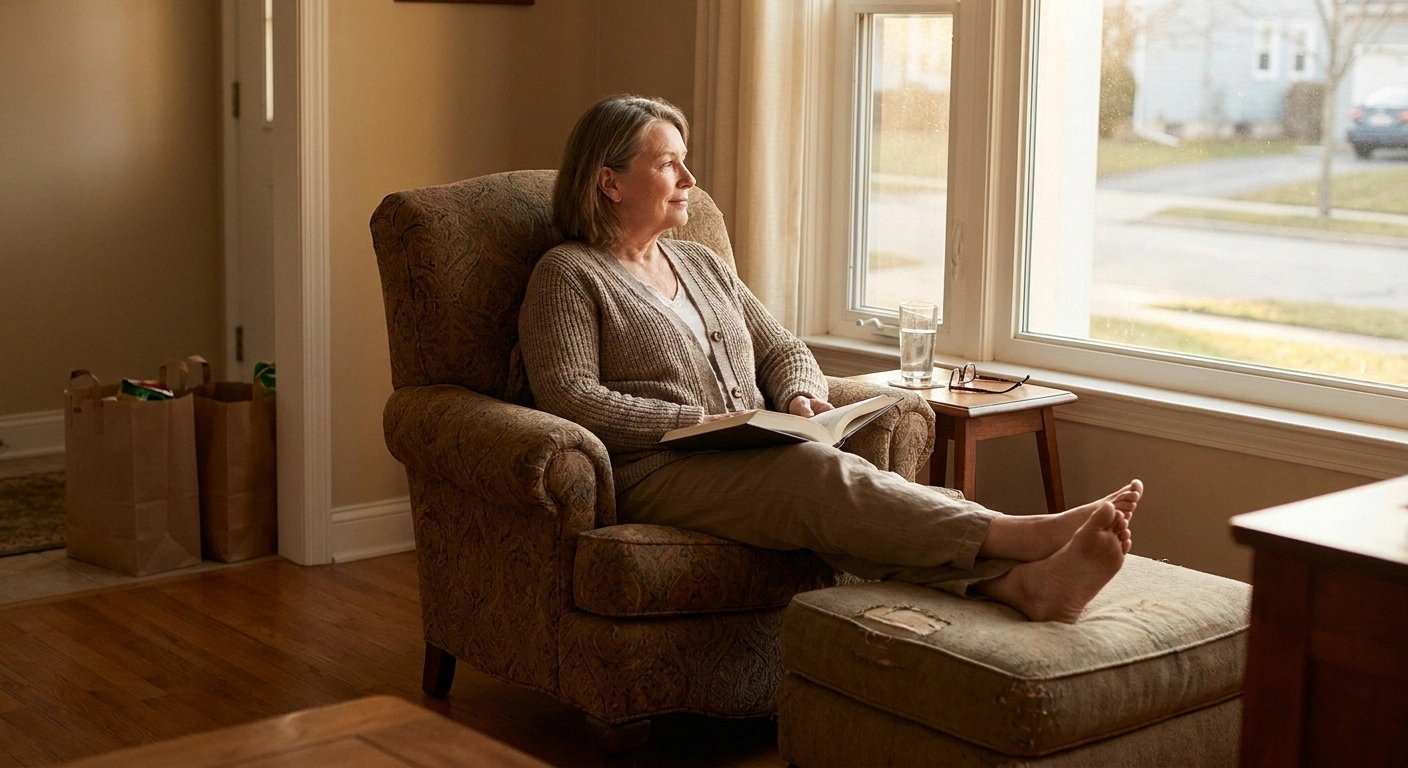 An older woman resting with her feet elevated after a grocery trip — recovery is part of the plan, not a lapse from it.