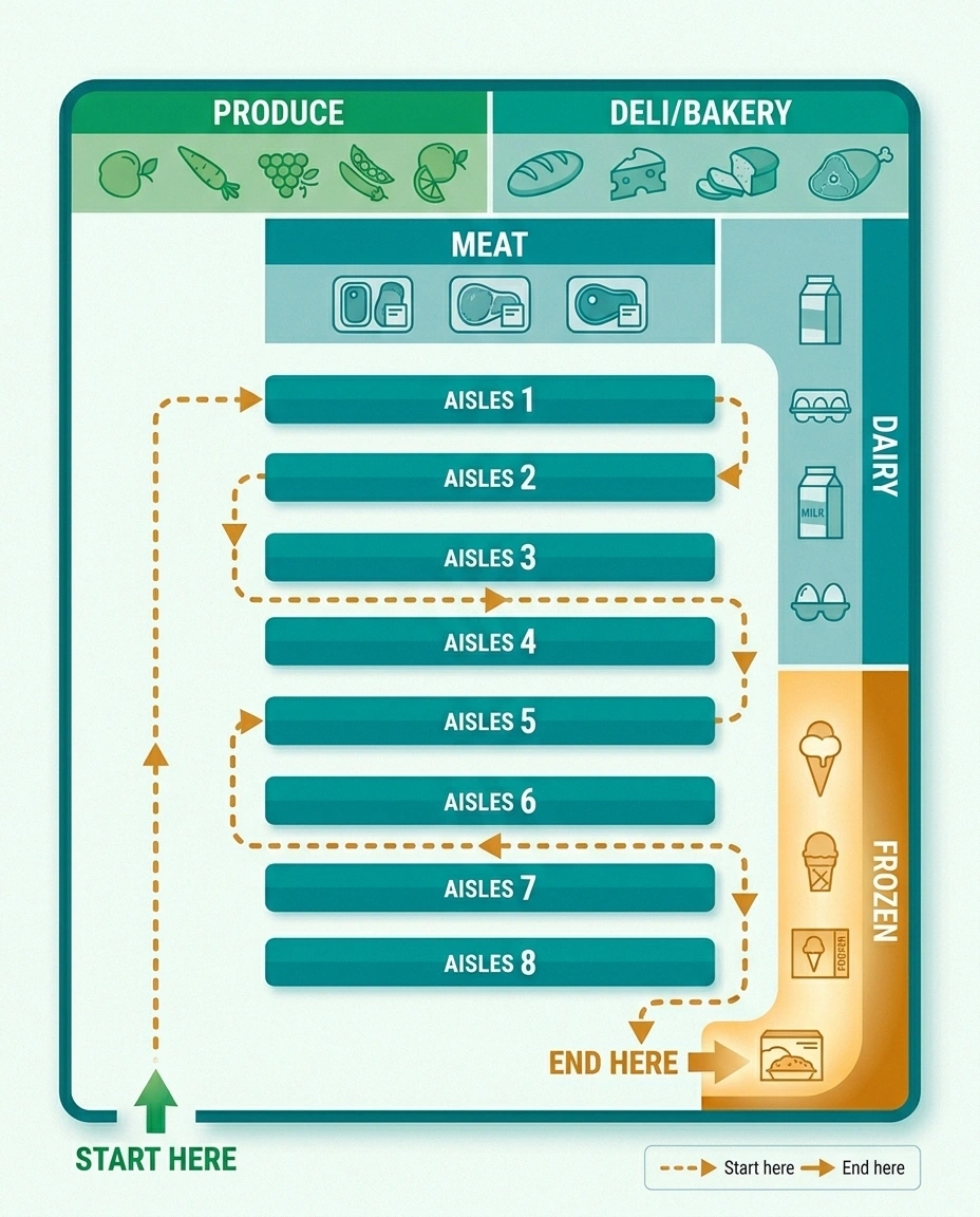 Store-layout infographic showing the one-pass grocery route — perimeter sections first, then center aisles, frozen section last.