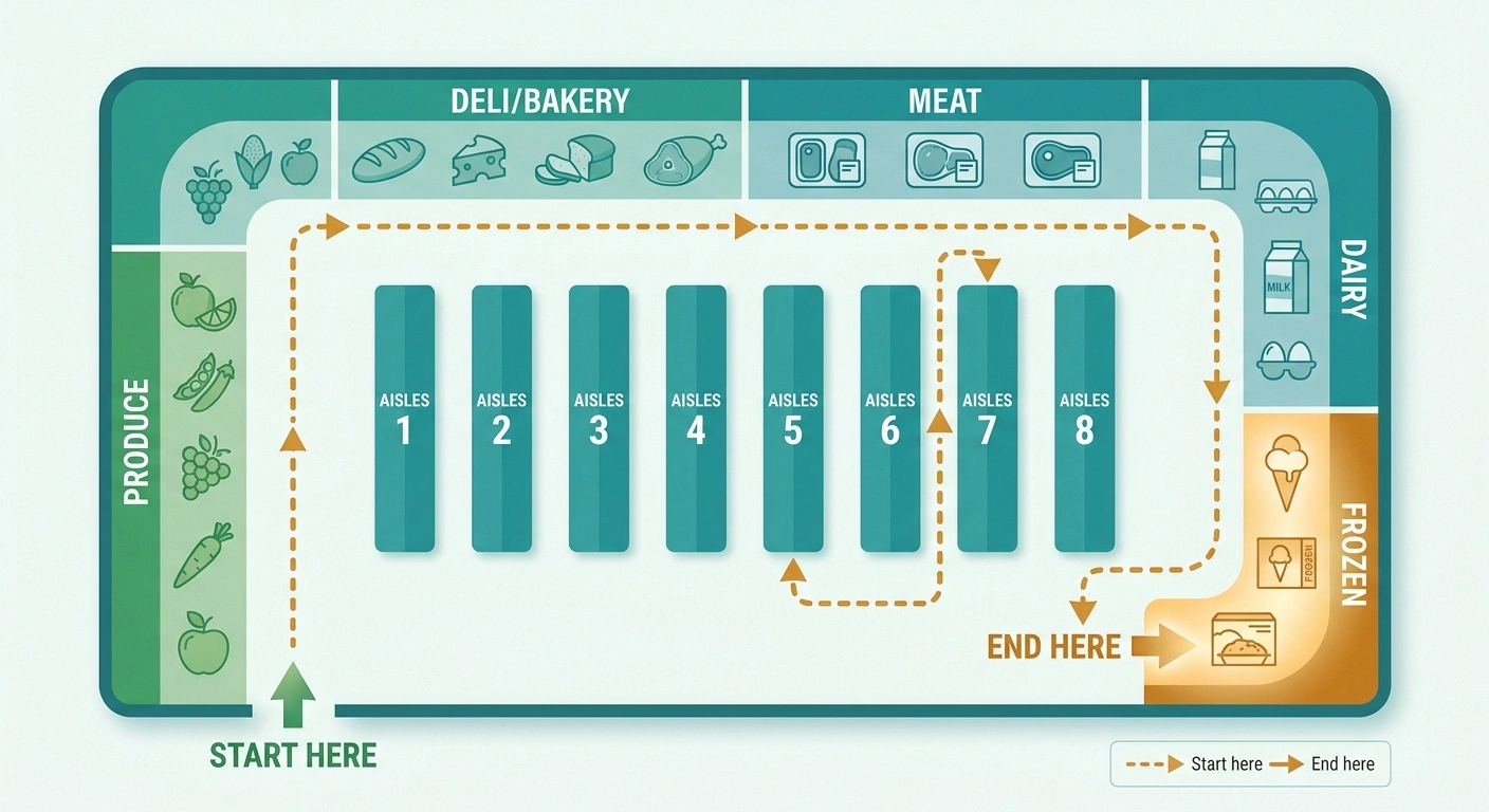 Store-layout infographic showing the one-pass grocery route — perimeter sections first, then center aisles, frozen section last.