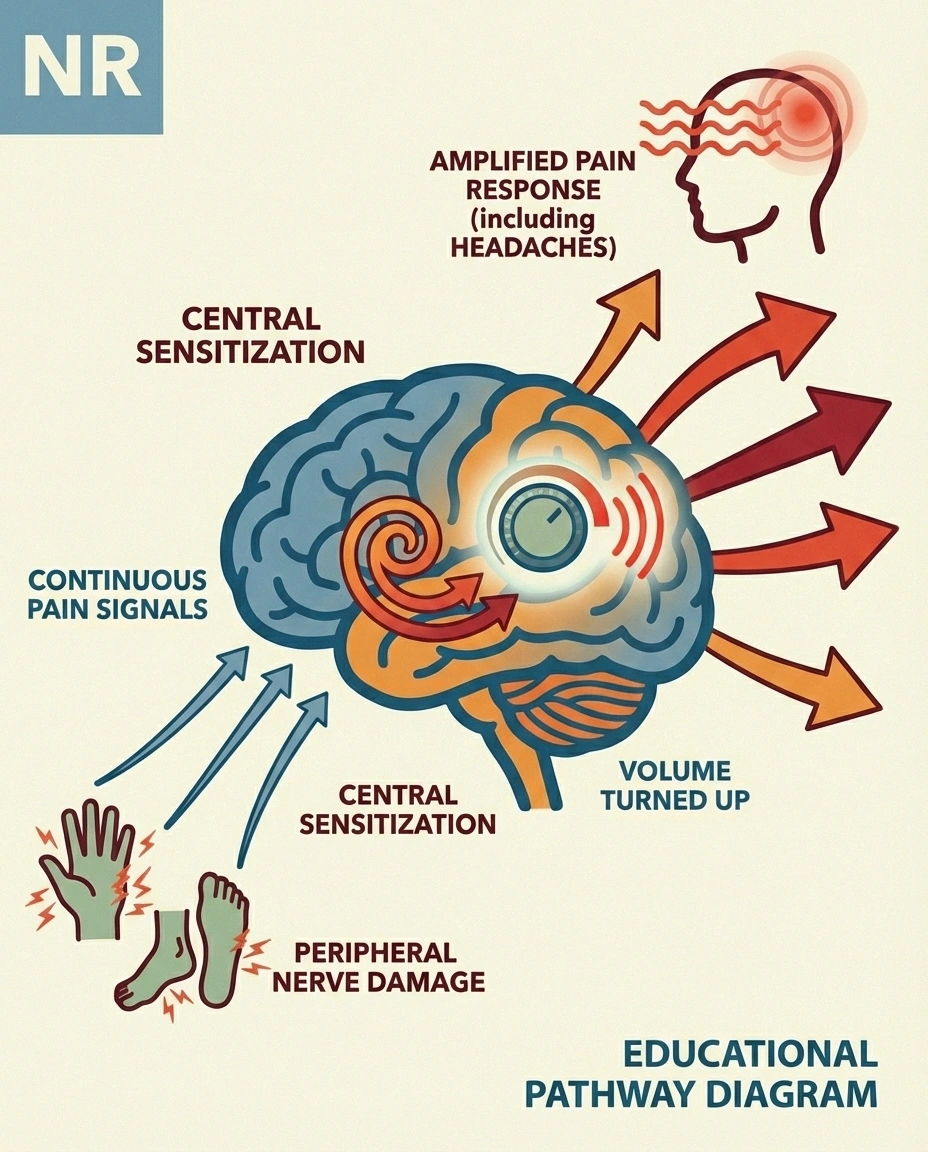 Diagram showing how peripheral neuropathy causes central sensitization leading to headaches