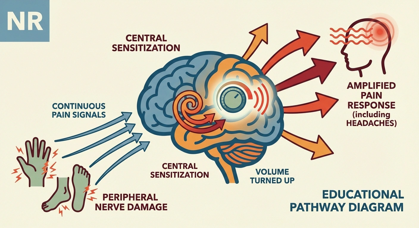 Diagram showing how peripheral neuropathy causes central sensitization leading to headaches