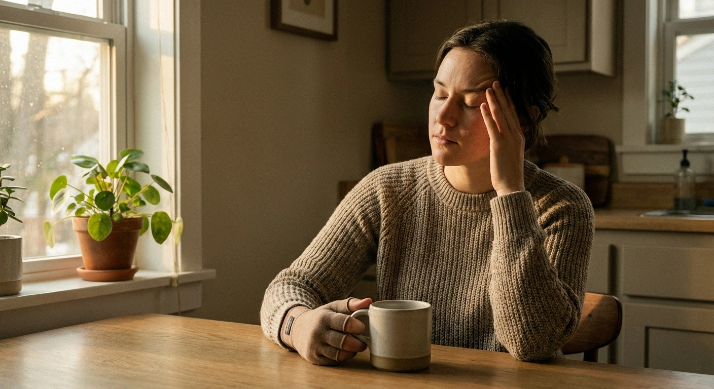 Person experiencing headache along with neuropathy symptoms at home