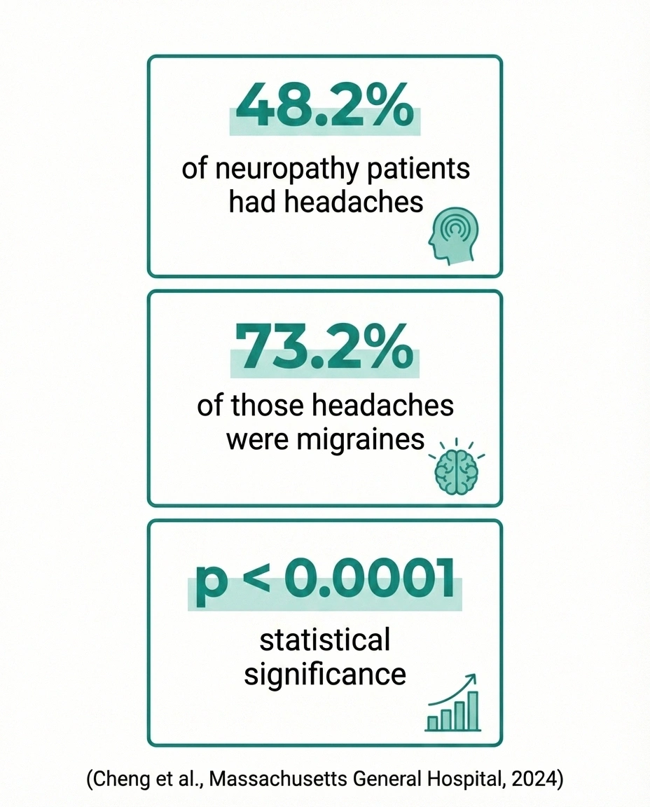 Research statistics showing 48 percent of neuropathy patients experience headaches including migraines