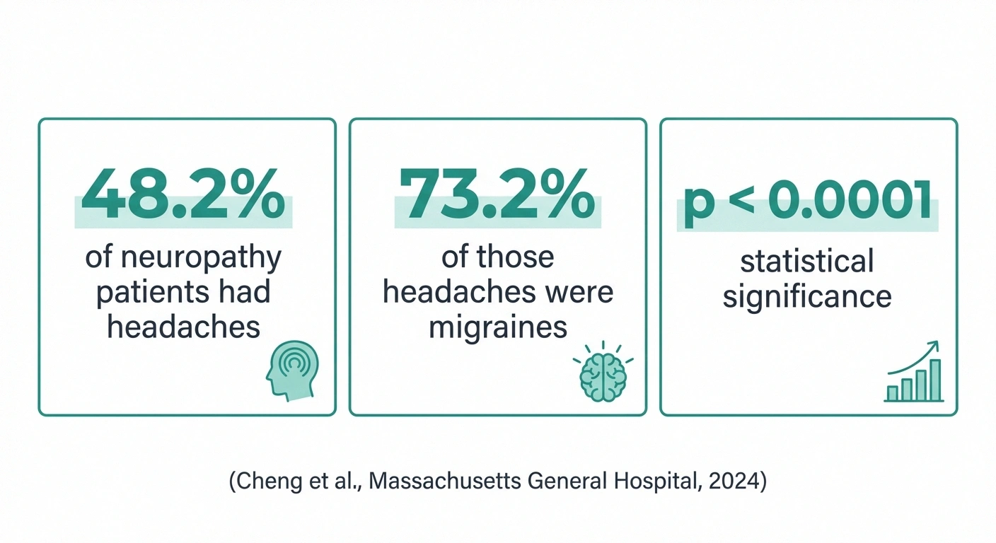Research statistics showing 48 percent of neuropathy patients experience headaches including migraines