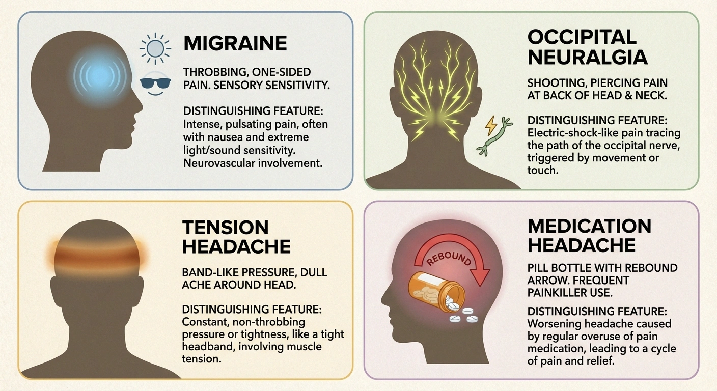 Four types of headaches associated with neuropathy including migraine and occipital neuralgia