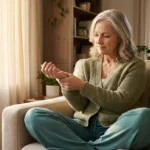 Older woman quietly checking her pulse at home — recognizing the connection between neuropathy and cardiovascular health