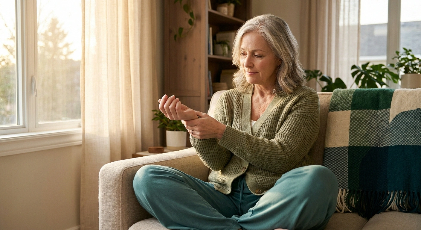 Older woman quietly checking her pulse at home — recognizing the connection between neuropathy and cardiovascular health