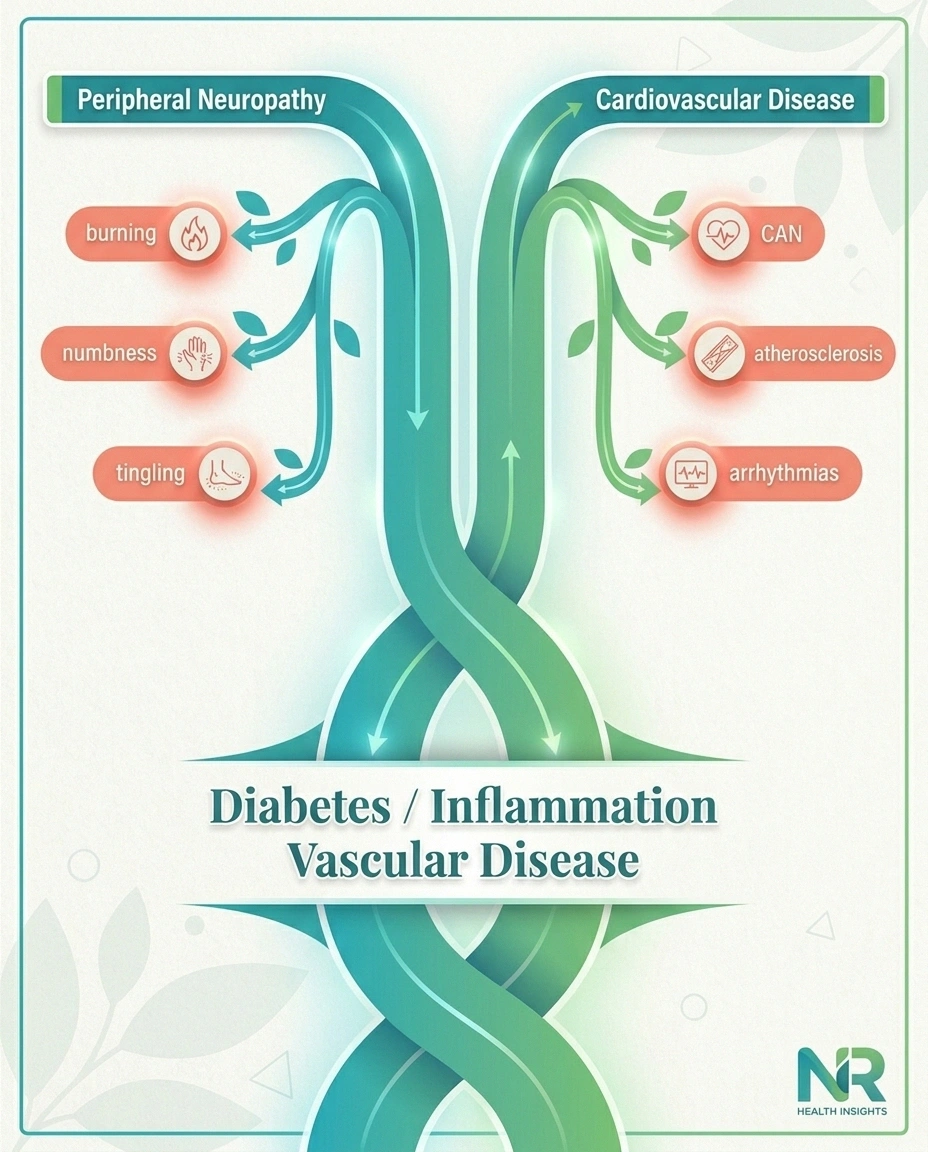 Tree diagram showing how diabetes and inflammation drive both peripheral neuropathy and cardiovascular disease