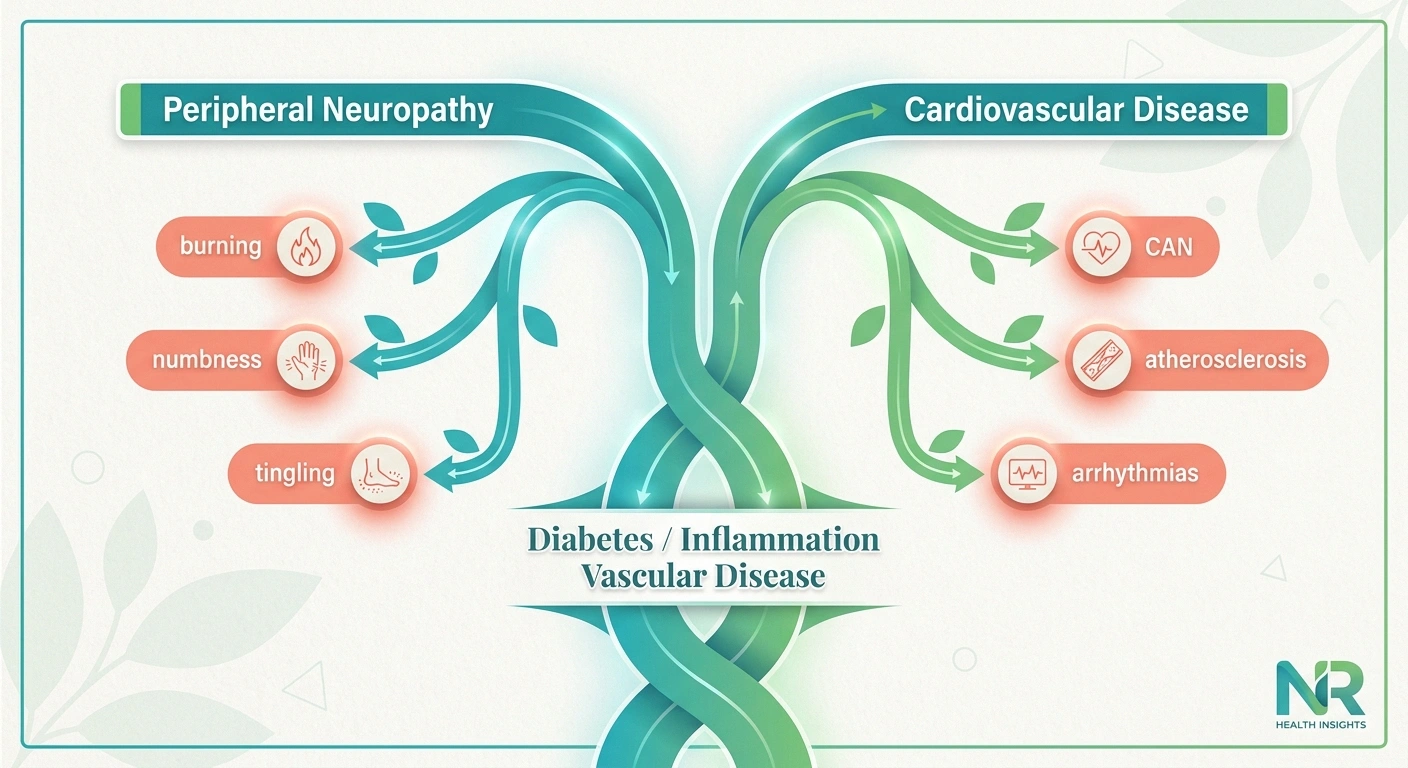 Tree diagram showing how diabetes and inflammation drive both peripheral neuropathy and cardiovascular disease