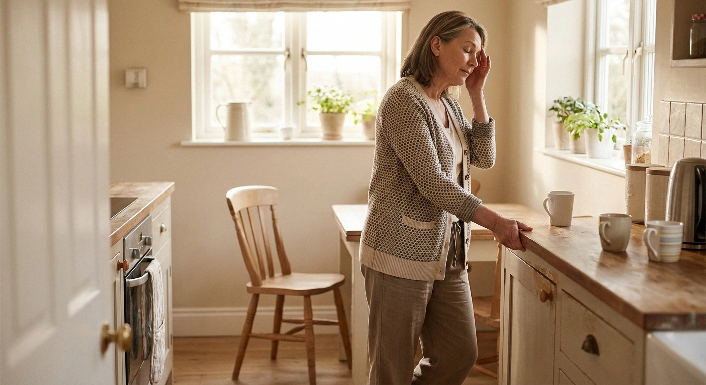 Woman steadying herself at the kitchen counter after standing — orthostatic hypotension is a sign of cardiac autonomic neuropathy
