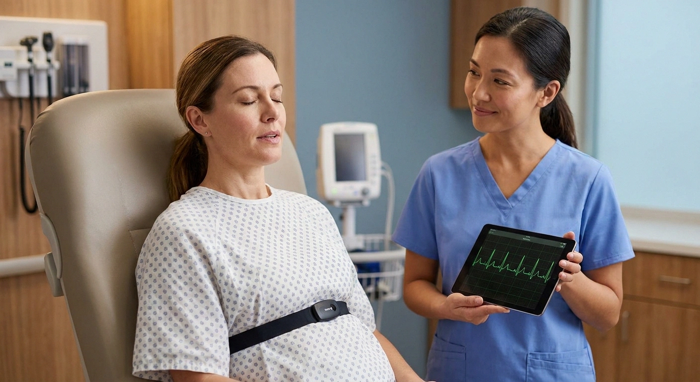 Patient undergoing heart rate variability testing for cardiac autonomic neuropathy with a friendly nurse
