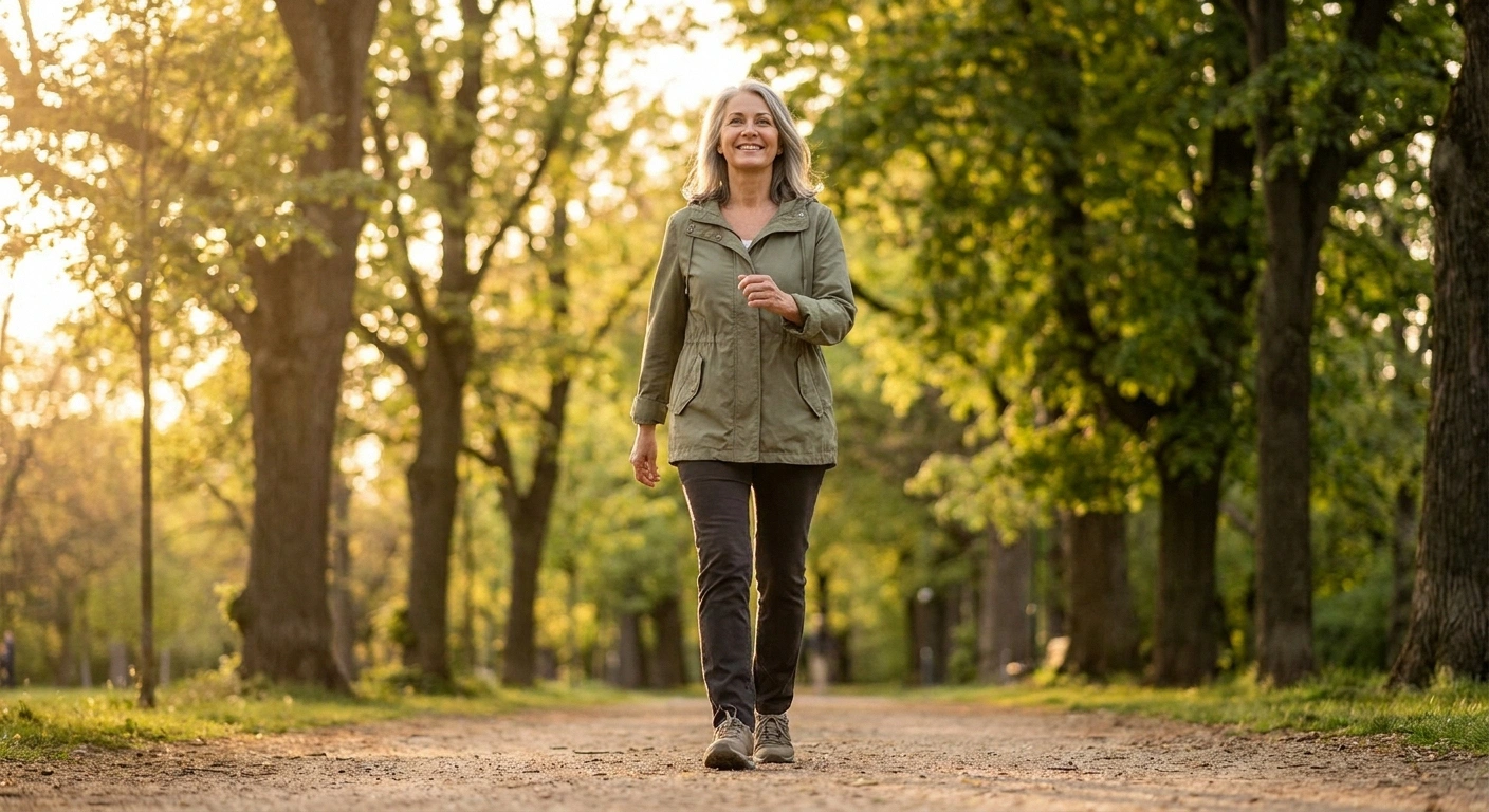 Older woman walking a park path — gentle aerobic exercise protects both peripheral nerves and the heart