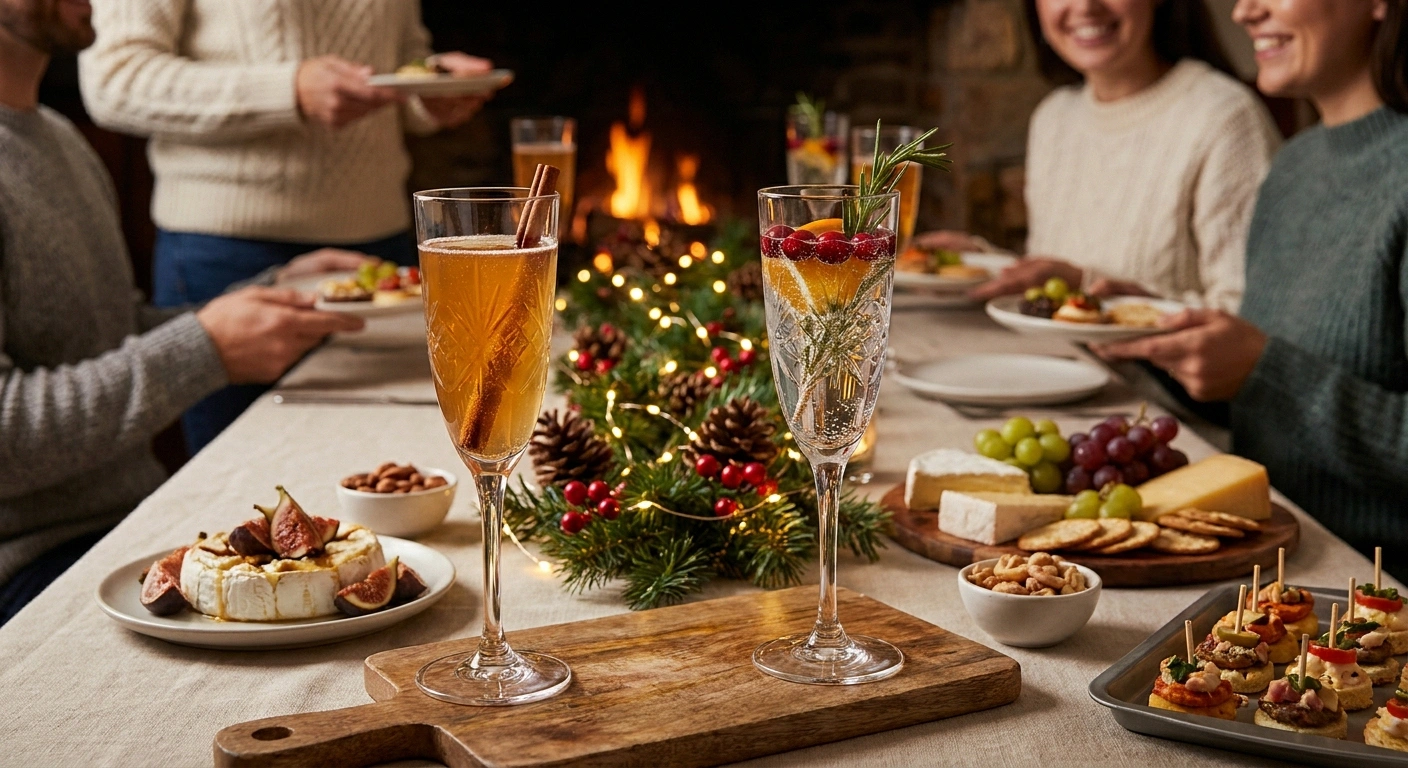 Neuropathy-friendly non-alcoholic holiday drinks — sparkling cider and infused water at a holiday gathering