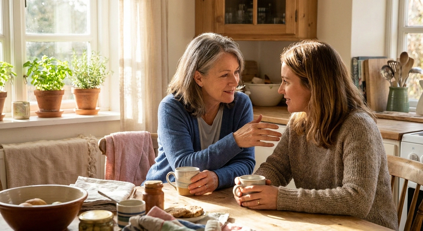 Woman with neuropathy having a candid conversation with family member about holiday needs — communicating limitations with warmth