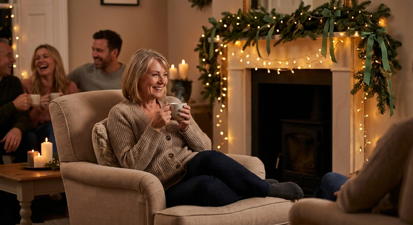 Woman with neuropathy enjoying family gathering seated comfortably — managing the holidays with pacing strategies