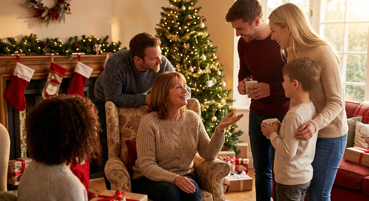 Woman with neuropathy seated comfortably at holiday gathering — strategic seating allows full participation with less pain