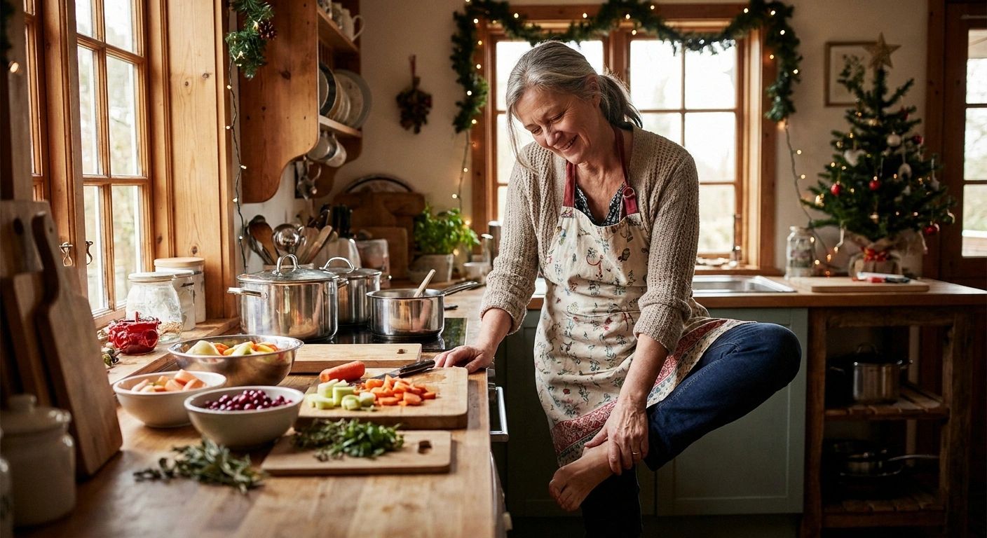 Woman pausing from holiday cooking due to foot pain from neuropathy — extended standing is a key trigger during the holidays