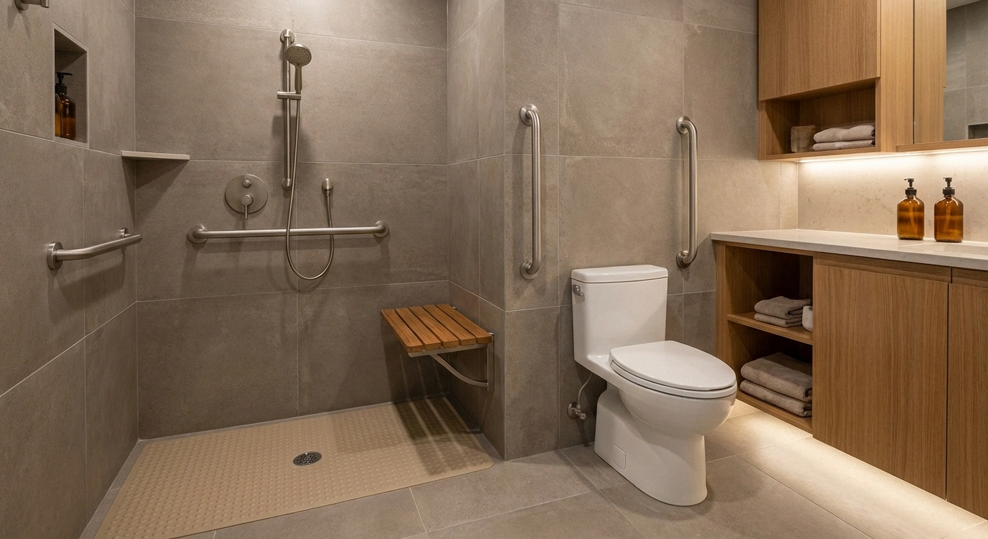 Bathroom with grab bars, shower bench, and handheld showerhead for neuropathy safety modifications