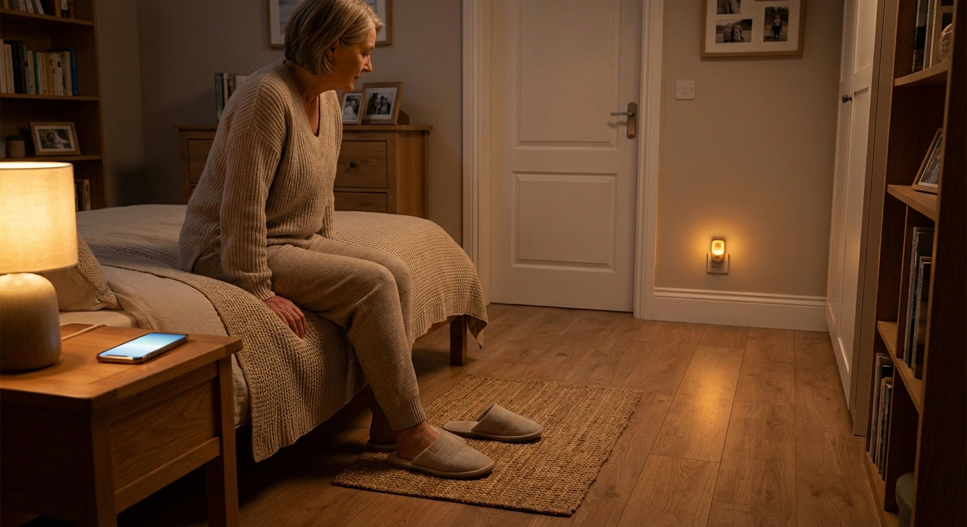 Bedroom arranged for neuropathy safety with slippers beside bed and motion-activated night light