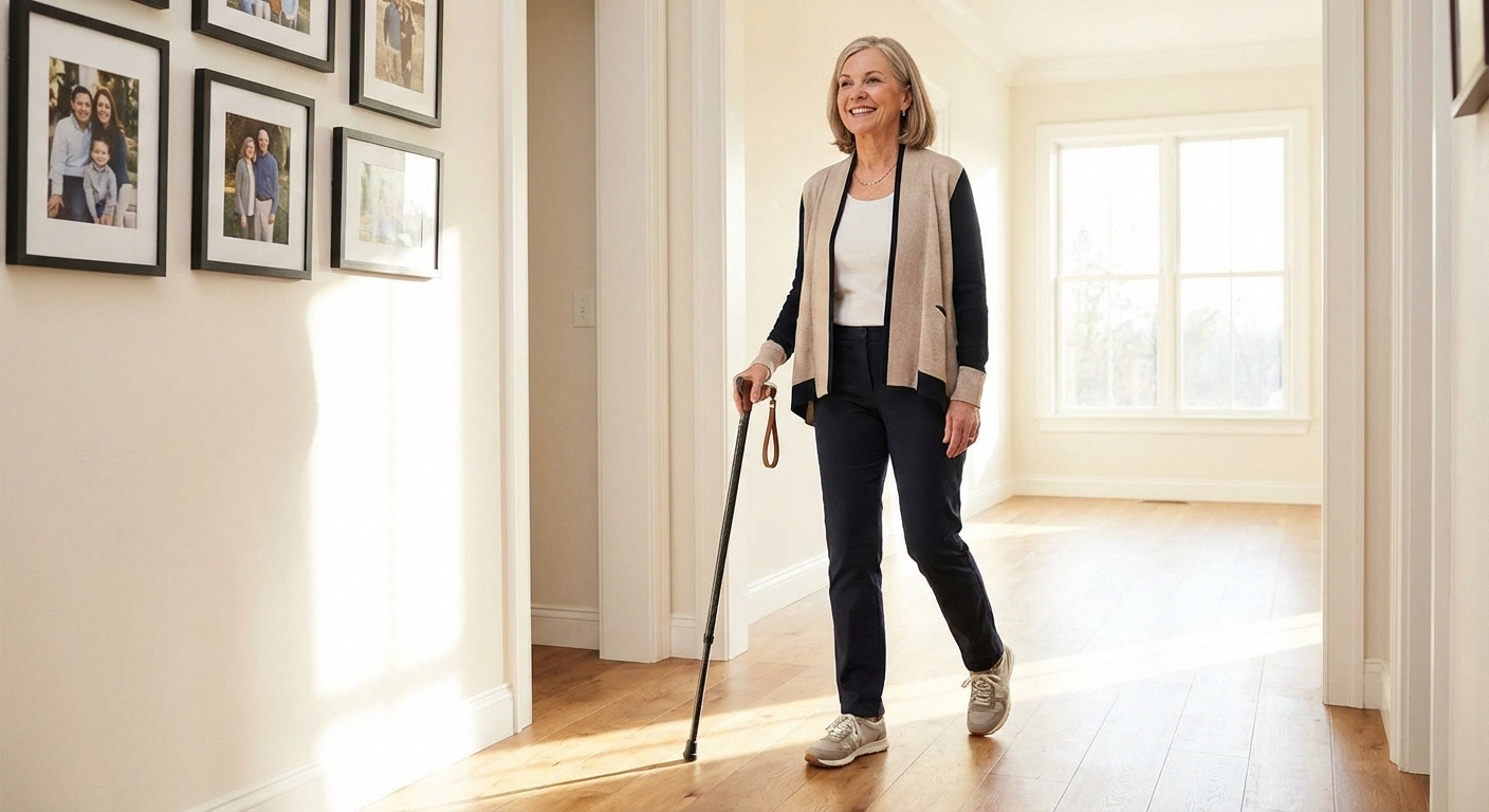 Woman confidently using walking cane for neuropathy balance support while navigating home safely